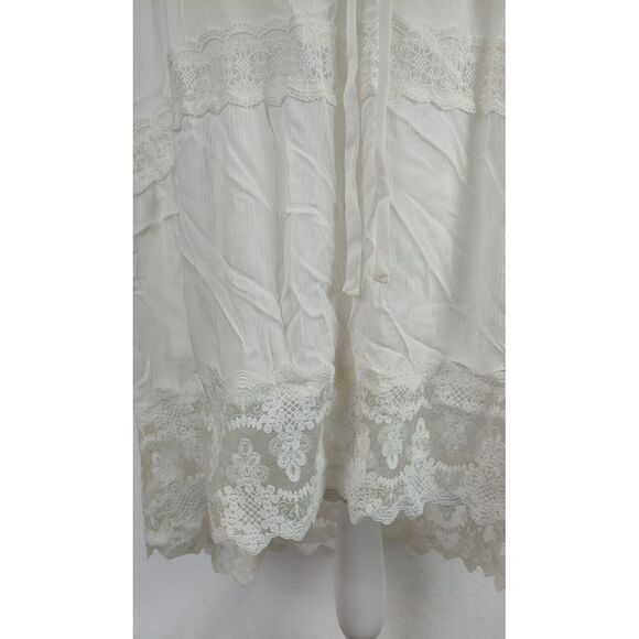 Lace Trim Dress White V Neck Button Front Short Sleeve Dress - Picture 2 of 13